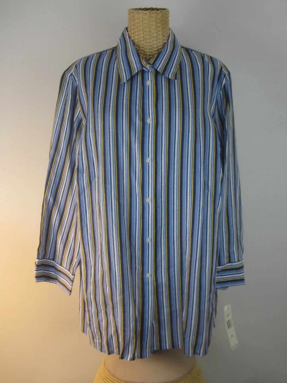 NEW Ralph Lauren Women Plus 1X Blue Yellow White Stripe Linen Shirt NWT $95